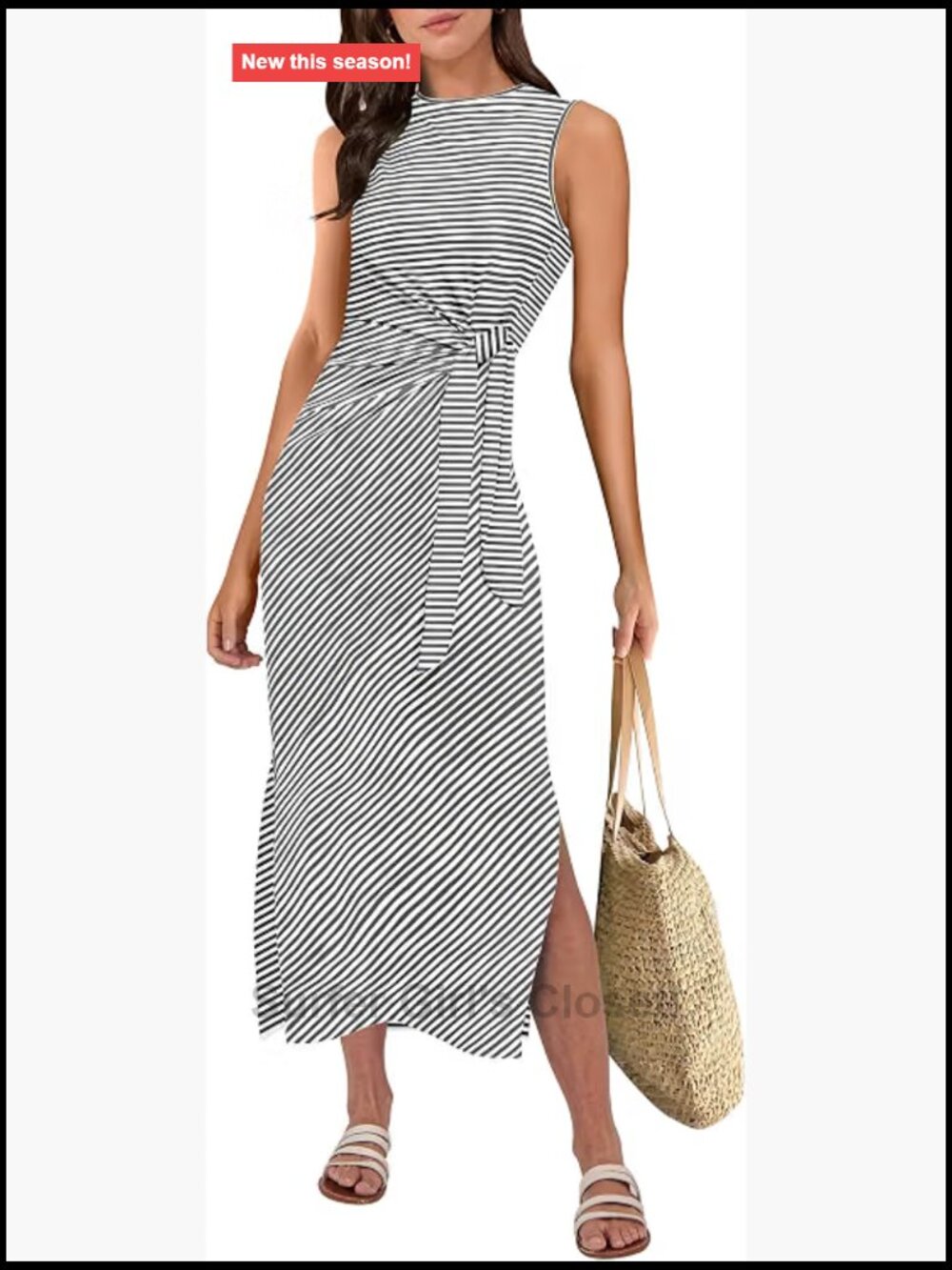 Sleeveless Tie Waist Maxi Dress Summer Casual Slim Fit Side Slit